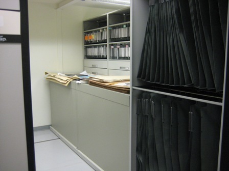 Archival Map and Plan Filing on mobile shelving system for horticulturist. Fire Resistant Map and Plan filing. Better than flat file cabinets! only 31 inches deep, these vertical flat files leave more space on mobile shelving systems for other important documents.