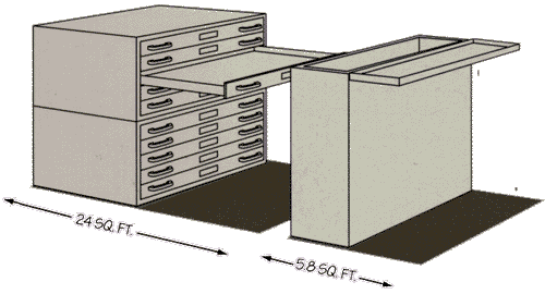 The Cadfile cuts floor space requirements up to 75% over Flat File Cabinets! Flat file cabinets are difficult to use and don't protect your drawings. 