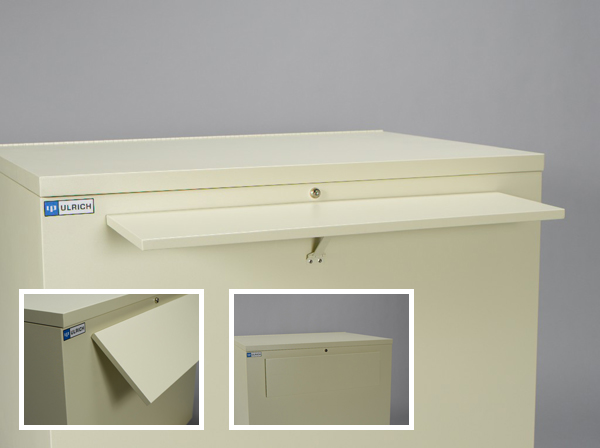 flat file cabinet replacement has all filing done at waist height. Folding shelf makes filing quick and easy.