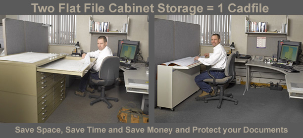Cadfile is a vertical flat file cabinet. Perfect for map storage, poster storage or large document stroage. Stores 1,000 documents - equal to two flat file cabinets while using 75% less space, providing better storage and costs less.