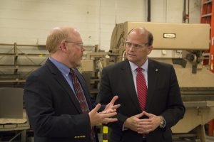 Congressman Tom Reed see's the break room at Ulrich Planfiling where sheet steel is cut and formed. It is the first step in the custom sheet metal fabrication process.